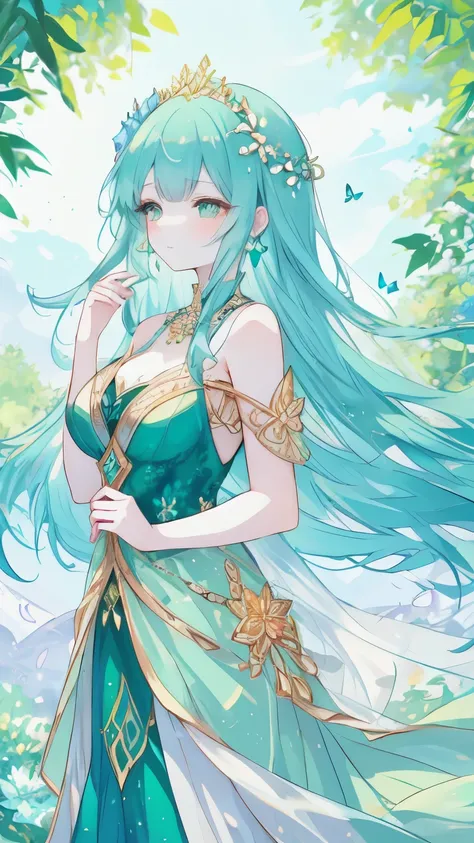 Masterpiece, Best Quality, Top Quality, Very Detailed, A mesmerizing anime-style illustration of a nature-themed princess in an enchanted garden. She has flowing teal hair adorned with elegant emerald and gold accessories, resembling delicate leaves and ge...