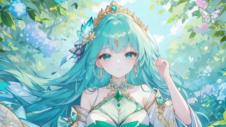 Masterpiece, Best Quality, Top Quality, Very Detailed, A mesmerizing anime-style illustration of a nature-themed princess in an enchanted garden. She has flowing teal hair adorned with elegant emerald and gold accessories, resembling delicate leaves and ge...