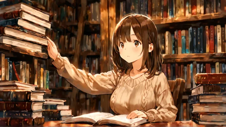 A young woman with shoulder-length brown hair, wearing a cozy sweater, sits at a wooden table surrounded by stacks of books. She looks confused and indecisive, her wide eyes scanning the titles. One hand is reaching out towards a book on a tall stack in fr...