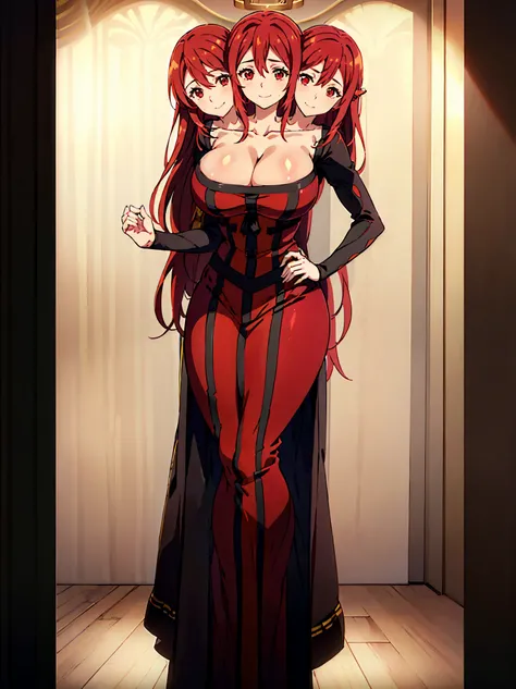 best quality, (masterpiece),(ultra-detailed), (high quality), (high resolution), ((3heads:1.5)), best quality:1.5, highres, UHD, 16K), ((three headed woman)), smiling, highres, masterpiece, (queen dress) ((red hair)),cleavage, (red dress), earrings, lustro...