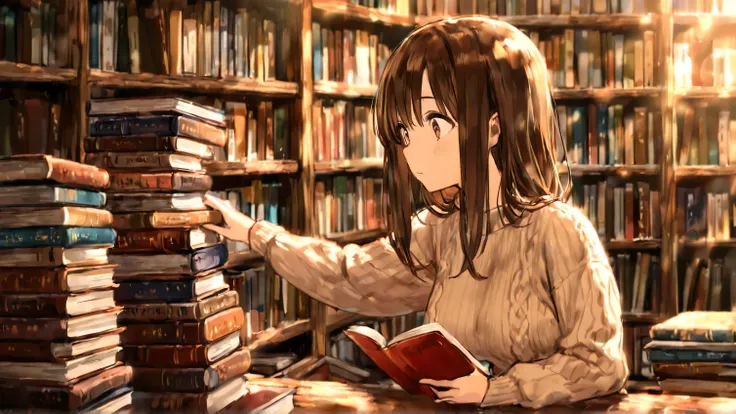 A young woman with shoulder-length brown hair, wearing a cozy sweater, sits at a wooden table surrounded by stacks of books. She looks confused and indecisive, her wide eyes scanning the titles. One hand is reaching out towards a book on a tall stack in fr...