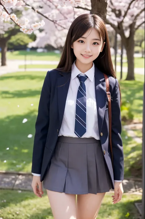 A girl (20 years old, Japanese pretty face) is wearing high school uniform with mini mini skirt near cherry blossoms.