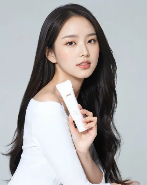 An arafed woman holding a tube of cream and a tube of cream, popular south korean makeup, popular korean makeup, jaeyeon nam, jinyoung shin, with shiny skin, innocent look, heonhwa choe, detailed image, smooth glowing skin, smooth porcelain skin, shiny glo...