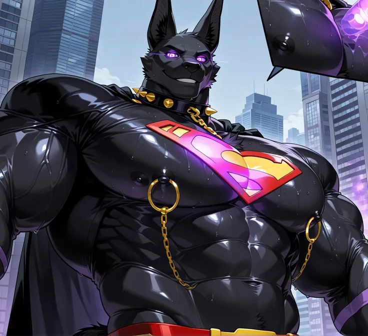 kemono, bara, solo, furry, Anthro, Drew, jackal, black body, male, tail, tall ears, huge muscular, purple glowing eyes, posing, wearing superman outfit, black cape, superman symbol on chest, huge black nipples, golden nipple rings, broad shoulders, broad c...