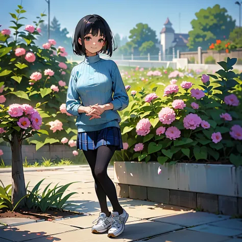 (high quality, High Resolution, Very detailed, reality:1.37), Peaceful atmosphere, (Outdoors, garden),  age girl standing alone,(My breasts are small.), Beautiful details, cute smile, ( black haired bob),Ribbed sweater, blue plaid skirt to hold your buttoc...