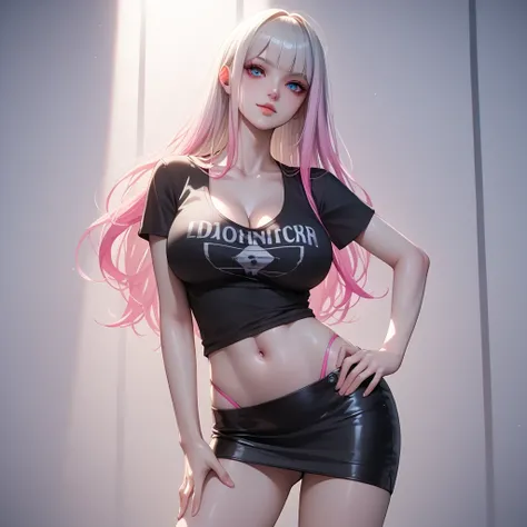 hand on own ass, ((pink, hair, gradient hair ), top quality、 ( professional lighting without shadows )、 surreal, is fascinating、figure like a slender supermodel、 1 girl, ( big breasts, Belly button exposed), ( flat at honny, beautiful skin)), (明るい and beau...