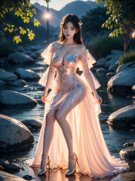 bioluminescent dress,butterfly dress,,, (full body:1.3), photorealistic beautiful woman, sexy long-legged model, night, (Night, moonlight, neon), (Full bust, visible cleavage, very short hemline), mountain top rocks, sitting on a rock, elegant sitting post...