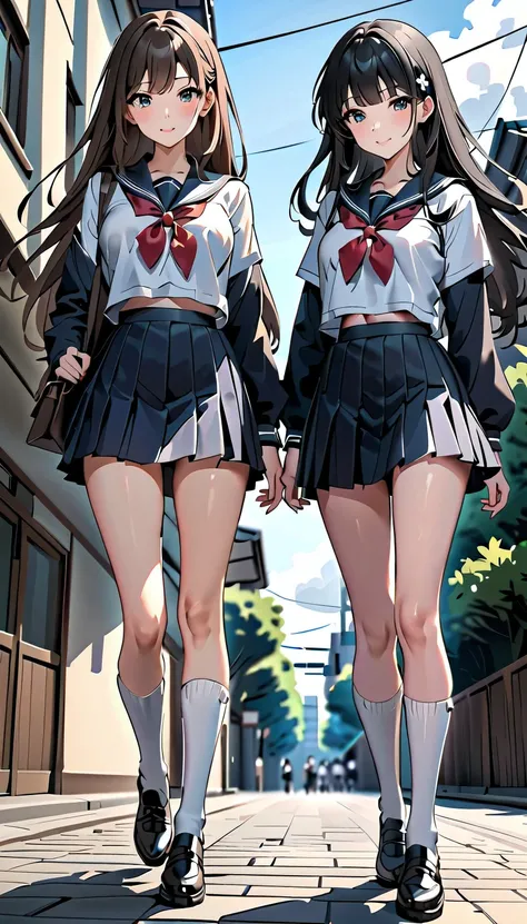 High Definition CG Unit Wallpaper, Two Women in School Uniforms Wearing Honey Patterned Walking the Street, is wearing a skirt and high socks, wearing Japanese Language School Uniforms, leg close-up , thigh length socks and skirt, Japanese Language School ...