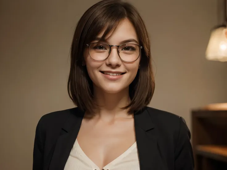 Macro portrait,  young woman with a light complexion, smiling broadly .She wears a black blazer over a light button-down shirt and formal pants. Her shoulder-length brown hair frames her face, which is turned in a three-quarter view towards the camera back...