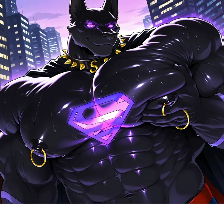 kemono, bara, solo, furry, Anthro, Drew, jackal, black body, male, tail, tall ears, huge muscular, purple glowing eyes, posing, wearing superman outfit, black cape, superman symbol on chest, huge black nipples, golden nipple rings, broad shoulders, broad c...