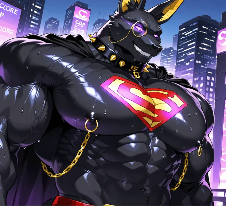 kemono, bara, solo, furry, Anthro, Drew, jackal, black body, male, tail, tall ears, huge muscular, purple glowing eyes, posing, wearing superman outfit, black cape, superman symbol on chest, huge black nipples, golden nipple rings, broad shoulders, broad c...