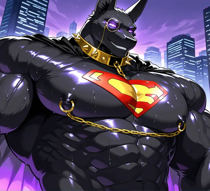 kemono, bara, solo, furry, Anthro, Drew, jackal, black body, male, tail, tall ears, huge muscular, purple glowing eyes, posing, wearing superman outfit, black cape, superman symbol on chest, huge black nipples, golden nipple rings, broad shoulders, broad c...
