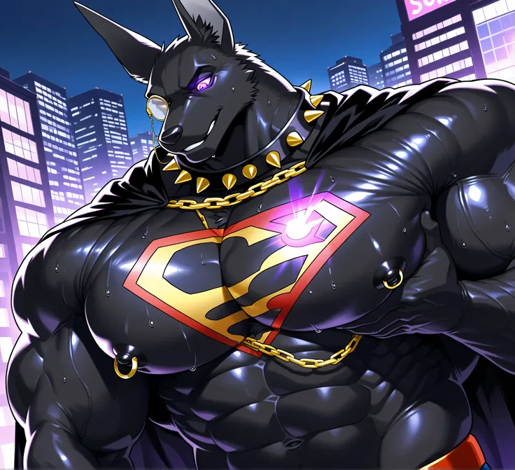 kemono, bara, solo, furry, Anthro, Drew, jackal, black body, male, tail, tall ears, huge muscular, purple glowing eyes, posing, wearing superman outfit, black cape, superman symbol on chest, huge black nipples, golden nipple rings, broad shoulders, broad c...