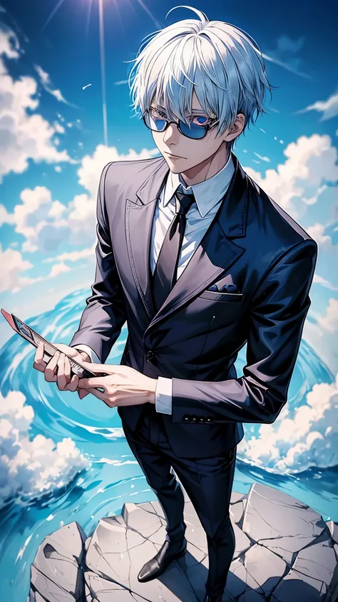 An animated boy with white hair and black glasses standing in front of a blue sky, Kaneki Ken, best anime 4K konachan wallpaper, kaneki ken,  Trigger Anime Art Style , Badass Anime 8k,  tall blue eyed anime man , 4k anime wallpaper,  anime wallpaper 4k , a...