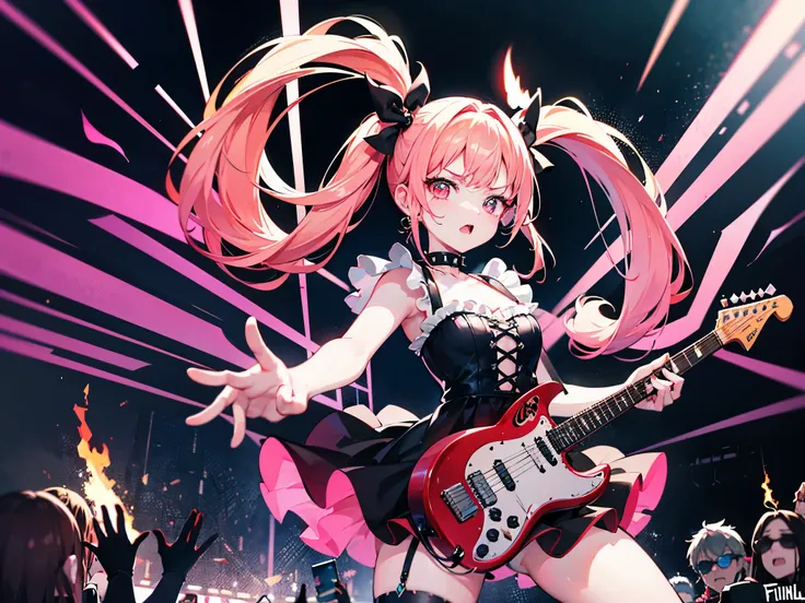 masterpiece, best quality, ultra-detailed, cinematic, fierce yet cute anime girl band, vibrant stage lighting, pastel and neon color palette, dynamic pose, gothic lolita outfits with metal accessories, oversized bows, spiked choker, electric guitars with s...