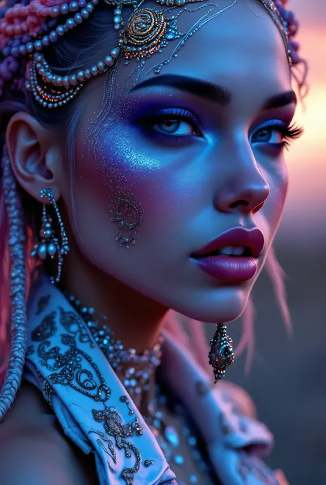"Create an award-winning masterpiece for Vogue Fashion magazine featuring the up-close half face of a woman. The style is detailed comic book art with layered lines. Her makeup is metallic bronze and sky-blue. The image is dense with patterned imagery and ...