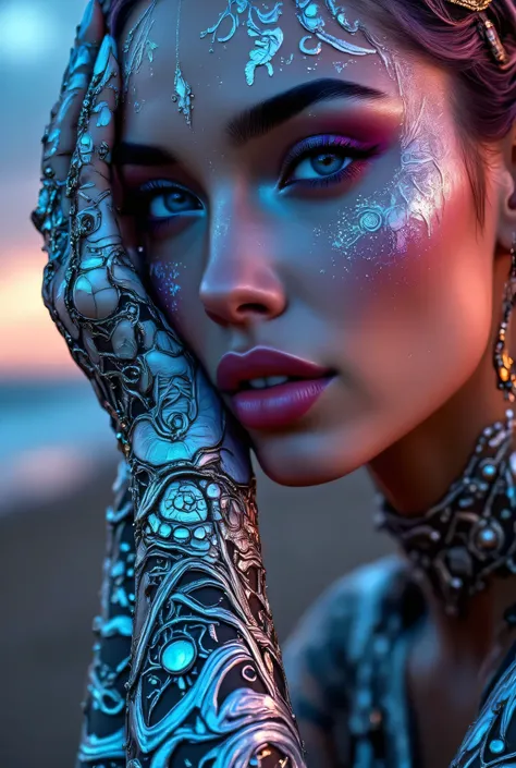"Create an award-winning masterpiece for Vogue Fashion magazine featuring the up-close half face of a woman. The style is detailed comic book art with layered lines. Her makeup is metallic bronze and sky-blue. The image is dense with patterned imagery and ...