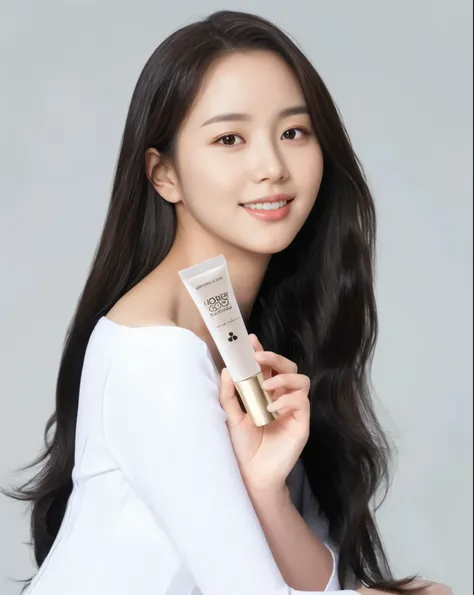 An arafed woman holding a tube of cream and a tube of cream, popular south korean makeup, popular korean makeup, jaeyeon nam, jinyoung shin, with shiny skin, innocent look, heonhwa choe, detailed image, smooth glowing skin, smooth porcelain skin, shiny glo...