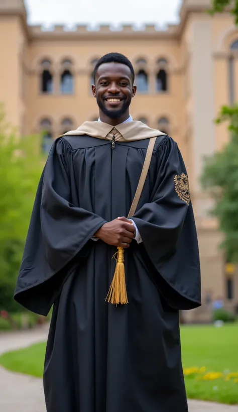 University graduate, (male) honors, ((African)), in (graduation gown)