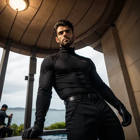 Age 35、handsome guy , 1 man,black long-sleeved t-shirt。 black hair、Short Hair、Natural short hair perm、In front of the garden fountain、Manly Battle Poses　 as seen from below。　upper body up 　 Menacing look　　black slim pants looking into the ocean　　 black glo...