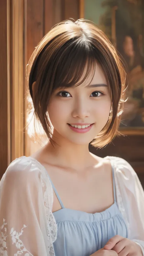 [Photorealistic, highly detailed] Portrait of a Japanese girl with a ultra big smile on her lips. She has a mesmerizingly beautiful face with striking features. [Her face is ultra cute and idol-like:2.0].[Her eyes are exquisitely beautiful, evenly balanced...