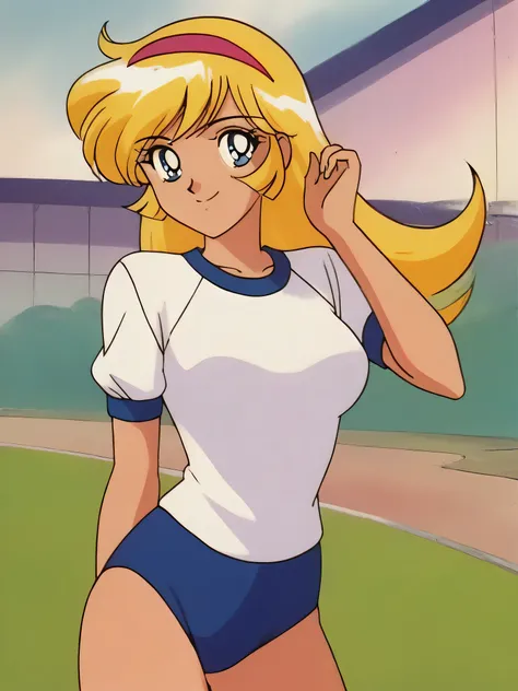 masterpiece,best quality,very aesthetic,highres, KisaragiHoney, 1girl, solo, blonde hair, long hair, blue eyes,smile,medium breasts, hairband,((white shirt)),navy buruma,standing,hand in own hair,arm behind back,outdoor, looking at viewer,bust up shot,retr...