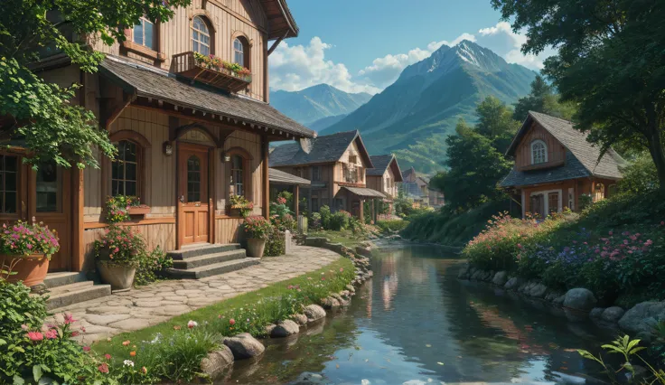 A small village by the river, color of the mountain in the background, floral flowers colorful, detailed landscape, beautiful natural landscapes, atmospheric lighting, scorching sunset, warm colors, Practical, фотоPractical, detailed foliage, complex build...
