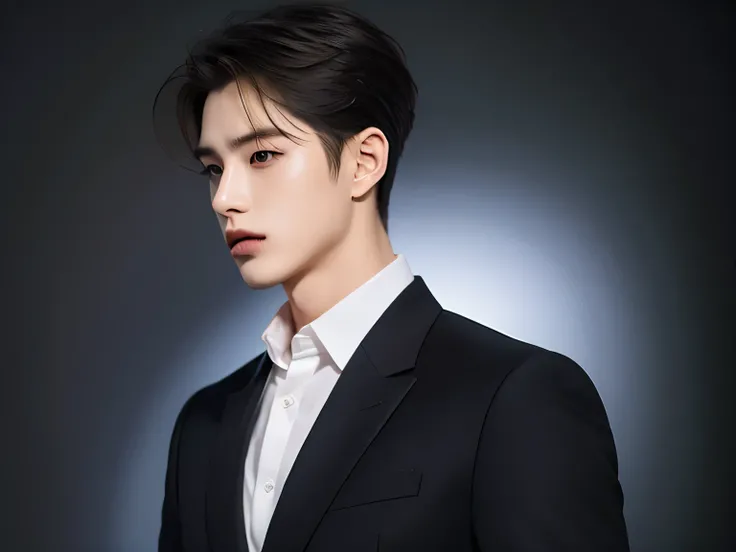 20 year old man, Very handsome , stars of the Korean series, White skin, handsome, classic side part hairstyle, black background, Masterpiece, best quality, a man, elegant, Detailed image, clear, Shiny, Very handsome , half body model, cold front, Wear a...