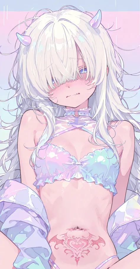 Pastel colors clothes, demon girl, Obscene lines, womb tattoo, white hair, messy hair, hair over two eyes, wavy mouth, girl with a complex about her body