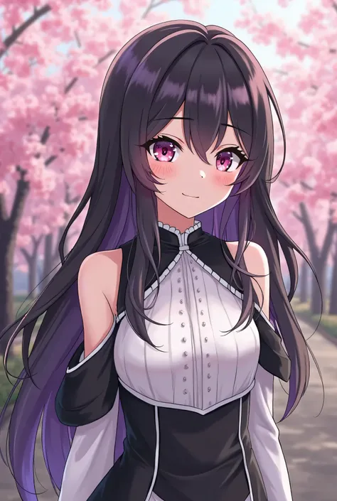 Create an image, please create an anime image of a woman with long black hair, purple hair ends, light pink eyes, white skin, wearing a dress with open shoulders, black white, the background is a cherry garden.