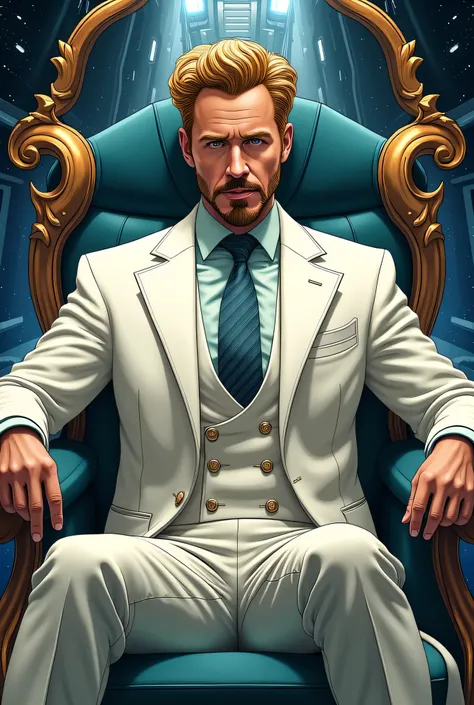 Gregory Stark, Tony Stark's twin brother from the Marvel Universe.  Tall, A handsome man with noble features, with blond hair and a well-groomed beard. Dressed in an impeccably tailored white suit with an elegant tie and coat.  he sits on the throne , , sl...