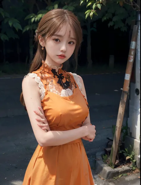 a woman posing on the street corner with light   orange dress on, best quality, High Resolution, 8k, 1peopleの女の子, (Big Breasts), day,  bright, Outdoors, (street:0.8), (people々, crowd:1), (lace trim dress:1.5,  brightオレンジ色の服:1.5,  orange high neck dress:1.5...