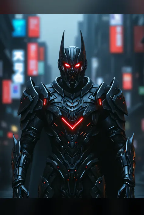 A cybernetic warrior in a high-tech exoskeleton covered in massive dark armor, Dark metal armor with sharp, angular shapes and glowing red elements. Helmet with pointed ears, similar to a tactical combat suit. Detailed mechanical structure, cyberpunk style...
