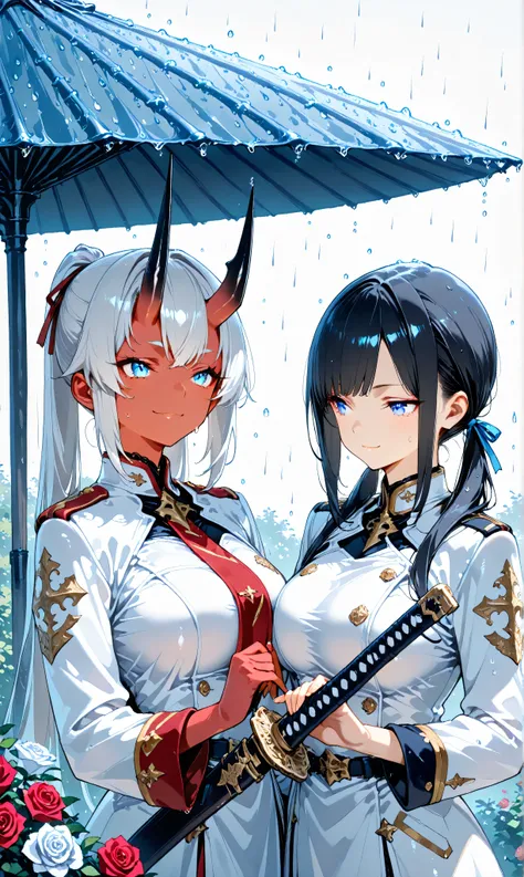 masterpiece, best quality, very aesthetic, engraved, (Watercolor: 0.4), (Pastel: 0.6), two separate girls taking shelter under eaves as raindrops fall, left side: short stature human, jet black long twin tails with faint white highlights tied with a ribbon...