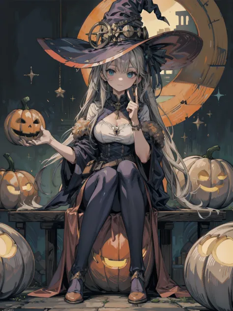 witch hat, sitting on very large pumpkin,