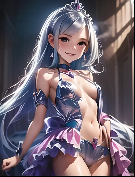 （（（ＳＦＷ、Highest quality、 first class masterpiece 、 normal body of a real person 、8k、  detailed face 、super precise、   real color 、５refer to、Highest）））、Pretty Cure、Blue and silver hair、Magical Girl、pretty girl、 Navel Exposure 、Big Breasts、slender、 slim、high ...