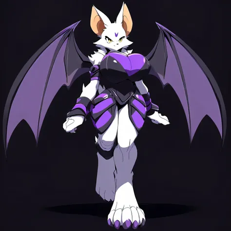 Anime, ((anime style)), ((solo picture)), alone, simple shading, ((action pose)), ((full body picture)), ((plush build)), ((sexy black and purple armor:1.3)), ((bare shoulders:1.2)), ((Tall with large round breasts)), ((tall buxom figure)), ((white fur)), ...