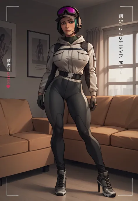 one girl,,Rawani0895,blue tracksuit, tight skin ,rabbit print,gloves, high-heeled shoes,  full body , Standing,   short haircut , 
 result_9,  result_8_higher,  result_7_higher,  source_anime,
 the cover of , japanese text , \(Rainbow Six Siege\),  elite \...