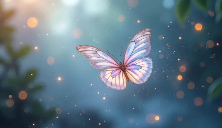 A delicate, translucent butterfly gently fluttering in a serene, ethereal environment, symbolizing spiritual transformation and personal growth. The butterfly's wings shimmer with soft, glowing light, reflecting hues of iridescent blues, purples, and pinks...