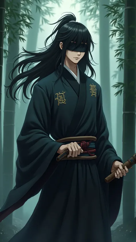 "An anime-style blind swordsman wearing a black eye cover, gripping a wooden staff with one hand. His long hair flows in the wind, and he wears a traditional warrior robe with intricate patterns. His expression is calm yet intense, sensing his surroundings...