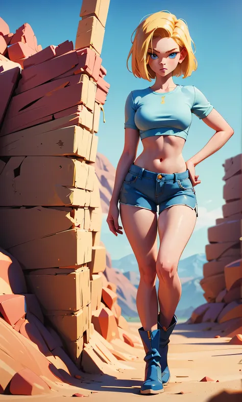 Masterpiece, high facial detail, a beautiful girl, Android 18, blond, short hair, arched eyebrows, blue eyes, skinny, slim and tall, textured skin, breasts, abdomen, wide hips, nice legs, naked, blue shorts, boots, in the desert, sexy front pose, 