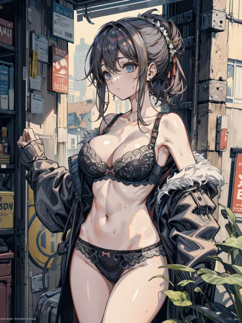 ideal ratio body proportions, perfect anatomy, correct body, earring, big breasts, narrow waist, short hair, black hair, wavy hair, hair behind ear, half updo, sweat, adult body, outdoor, cowboy shot, black underwear, black bra,