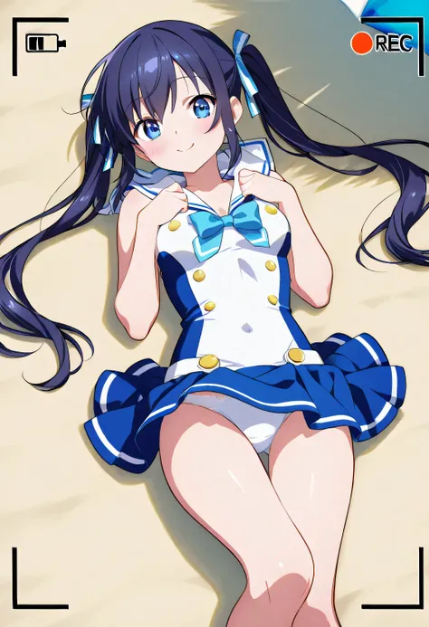 (white panties are visible)、A cute 20-year-old anime-style girl、 wearing a sailor suit 、Lying like playing on a sandy beach。smooth skin and soft curves are realistically drawn with an ultra-realistic texture。She stared intently at the camera.、She has a sli...