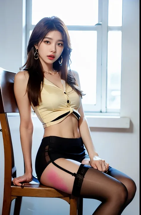 (걸작:1.3), (8 thousand, realistic, RAW photos, best quality: 1.4), (1 female),(((tall))), (((Long and slender lower body))), (((Thin silk blouse with three buttons))), (((black short skirt))), (((양다리와 양발에 realistic 불투명한 커피색 panty hose 신고 : 1.3))), (((Wearin...