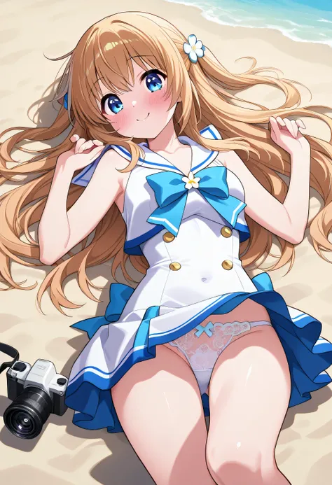 ( I can see lace panties)、A cute 20-year-old anime-style girl、Wearing a summer sailor suit、Lying like playing on a sandy beach。Smooth skin and soft curves are realistically drawn。she stared at the camera from an angle from her foot、 has a cute smile 。enhan...