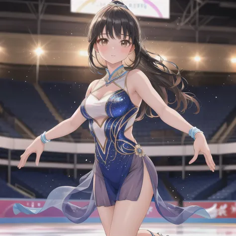 A breathtakingly beautiful 20-year-old woman glides dynamically across the ice rink, dressed in an exquisitely detailed and elegant figure skating costume. Her graceful movements exude both power and finesse as she carves intricate patterns into the ice. T...