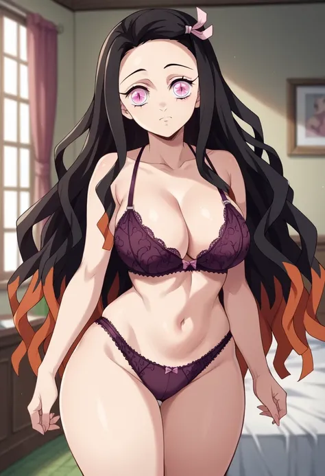 score_9, score_8_up, score_7_up, source_anime, nezukokamado, nezuko kamado, black hair, forehead, hair ribbon, long hair, multicolored hair, pink eyes, orange hair, slit pupils, wavy hair, two-tone hair, cleavage, demon girl, tattoo, thighs, thick thighs, ...