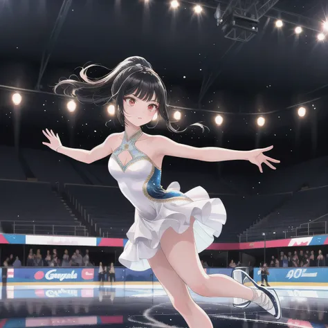 Depict a 20-year-old, stunningly beautiful woman gracefully gliding across the ice in a grand skating arena. She wears an elegant and intricately designed figure skating dress, adorned with shimmering details that reflect the arena lights. Her expression i...