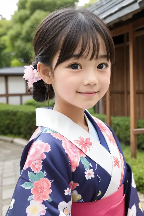 A beautiful elementary school student, one , Floral pattern on kimono 、Bust、I&#39; drinking tea and relaxing 、top quality、Hair is black、smile, I'm drinking steaming greentea,bust up, Cherry blossoms in the background , squats,Tight lower body,looks at the ...