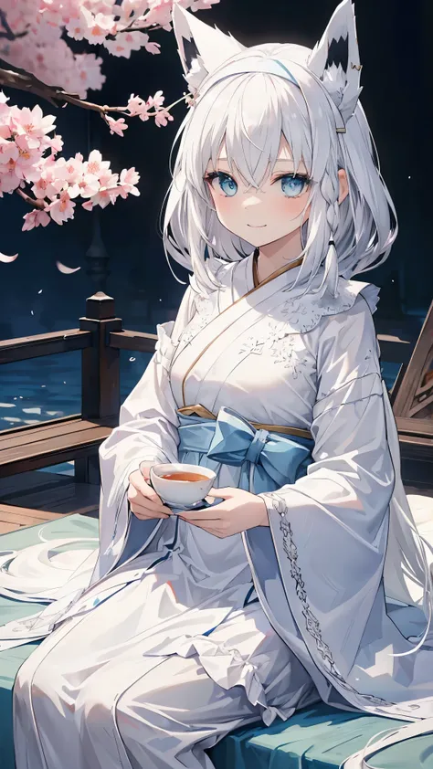 top quality、、(Whitening skin,)、 Silver Hair、light blue eyes,Petite、slender、( White Gothic Dress, frill,headband,),cherry blossoms,Tea Ceremony,smile, fox ears,Fox Tail,,toned body,prayer,